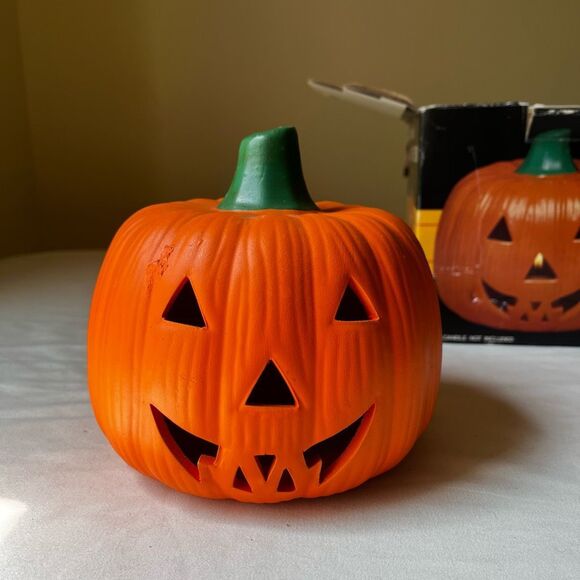 Vintage 1980s Ceramic Jack O Lantern Halloween Pumpkin Candle Holder with Box - Picture 1 of 11